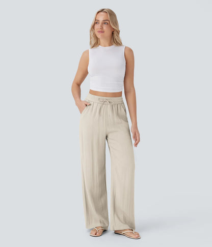 High Waisted Wide Leg Linen-Feel Drawstring Pants with Pockets