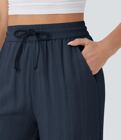 High Waisted Wide Leg Linen-Feel Drawstring Pants with Pockets