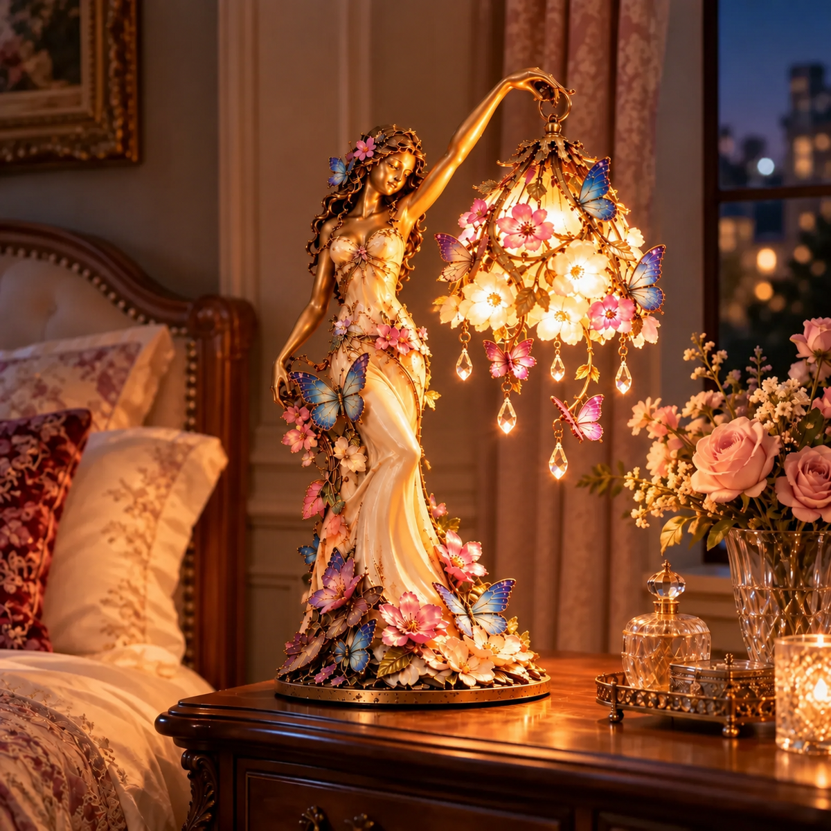 🦋 Butterfly Lady Accent Lamp – Elegant Floral Goddess Light with Crystal Drops