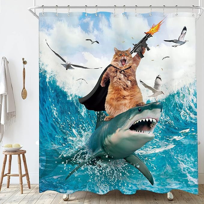 Funny Cat Dinosaur Shower Curtain – Creative Waterproof Bathroom Decor