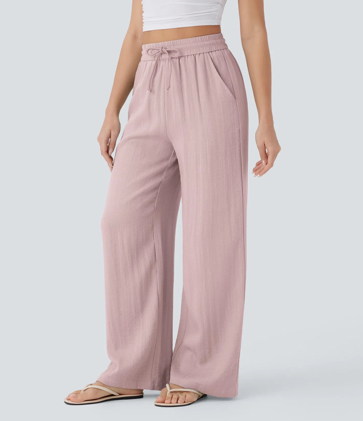 High Waisted Wide Leg Linen-Feel Drawstring Pants with Pockets