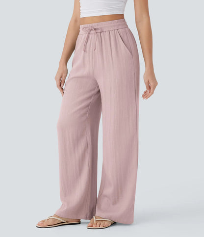 High Waisted Wide Leg Linen-Feel Drawstring Pants with Pockets