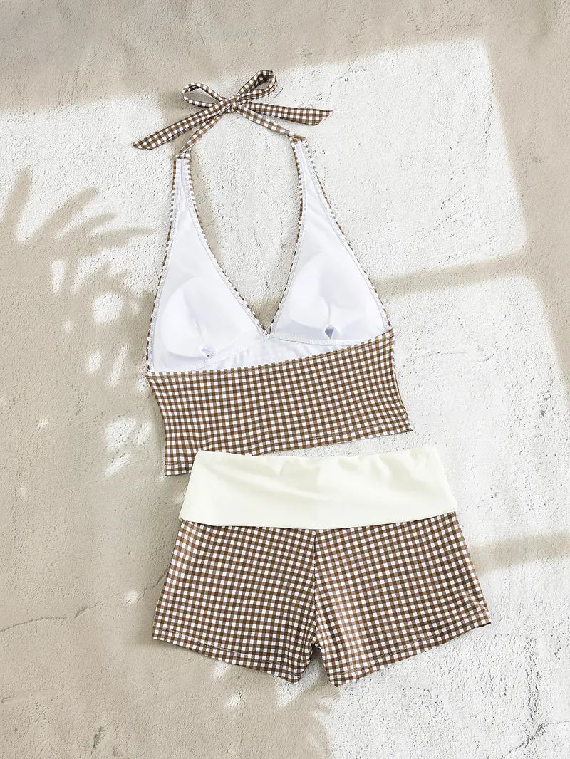 2026 Summer Retro Sportswear Halter Top Swimsuit