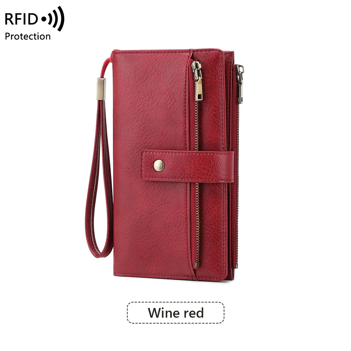 Women’s RFID Blocking Long Trifold Leather Wallet with Wristlet