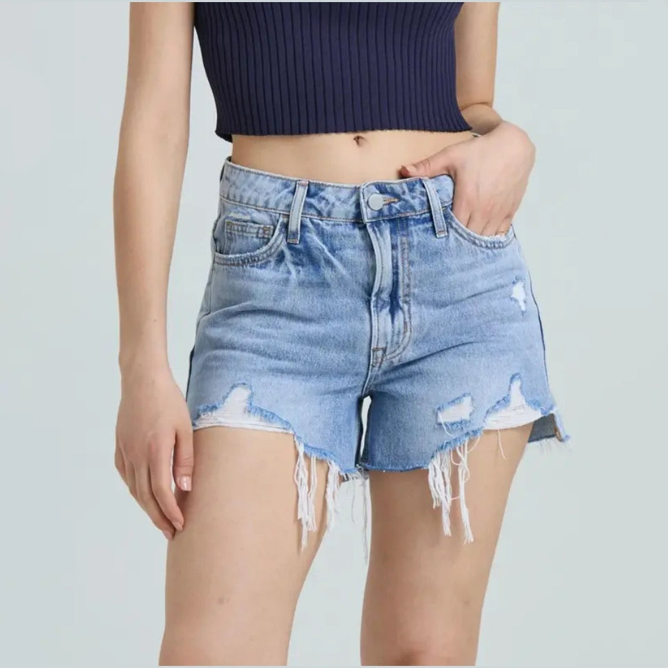 Non-Stretch High Rise Raw Hem Ripped Jean Shorts