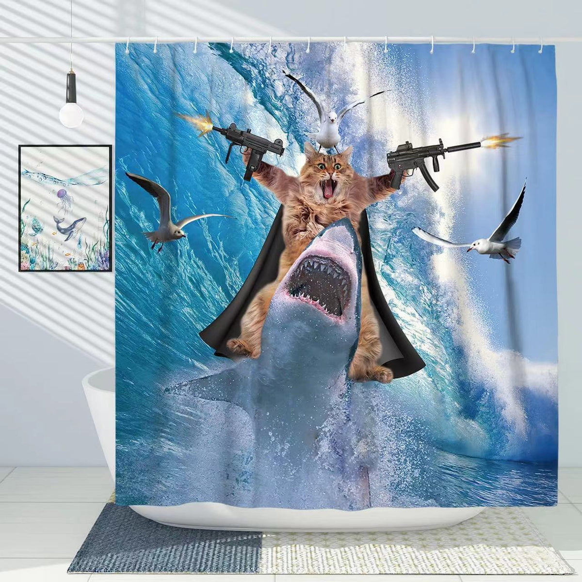 Funny Cat Dinosaur Shower Curtain – Creative Waterproof Bathroom Decor
