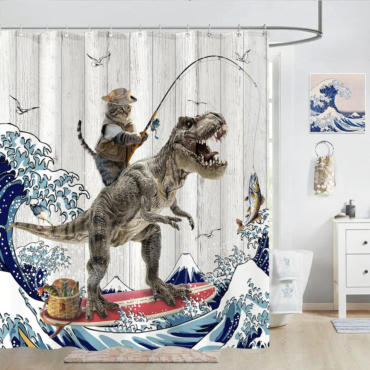Funny Cat Dinosaur Shower Curtain – Creative Waterproof Bathroom Decor
