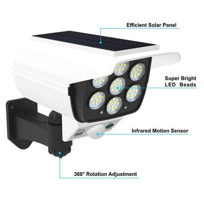 Solar Motion Sensor Security Light – 2000 Lumens, 77 LEDs, IP66, Fake Camera Decoy