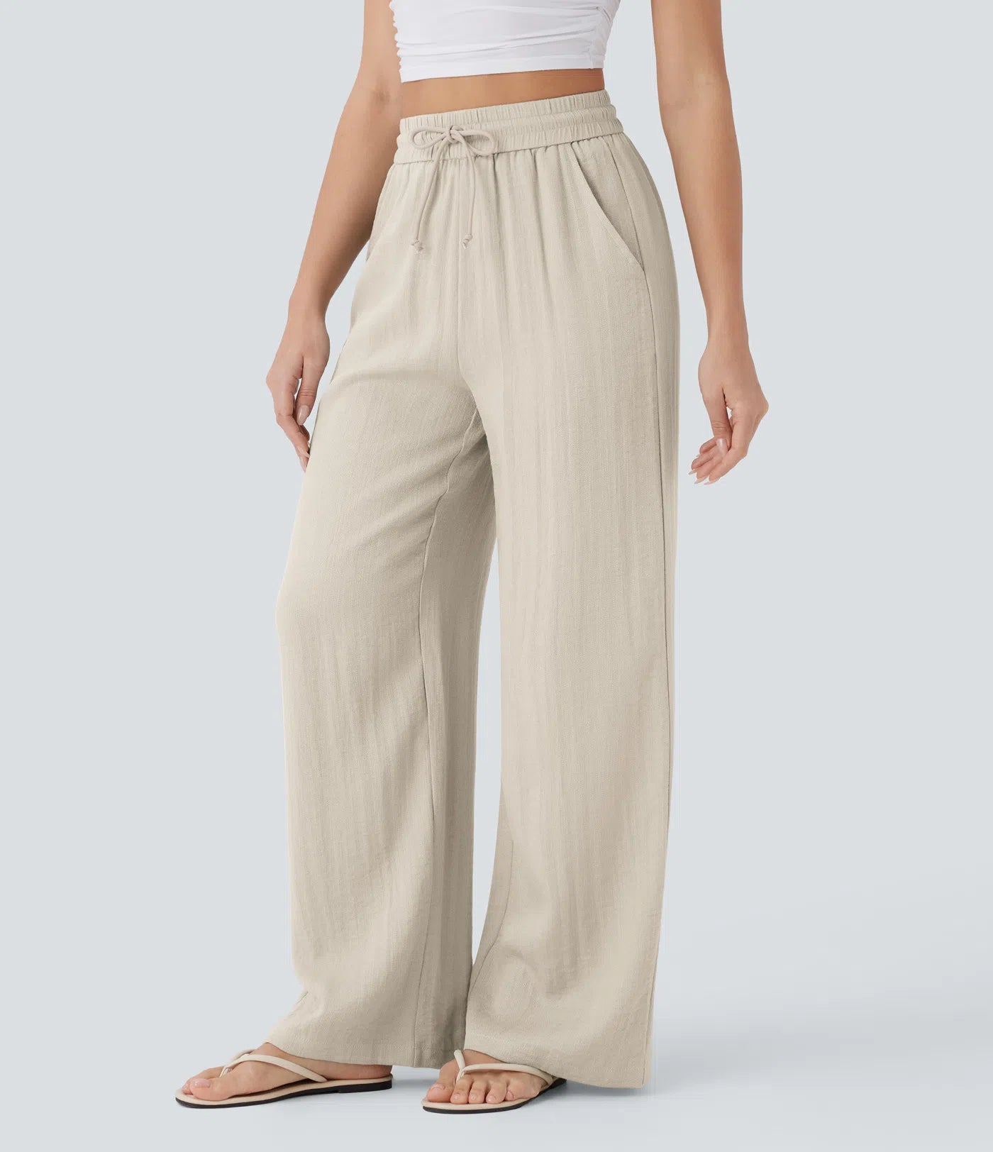 High Waisted Wide Leg Linen-Feel Drawstring Pants with Pockets