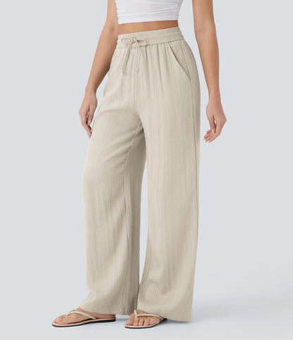 High Waisted Wide Leg Linen-Feel Drawstring Pants with Pockets
