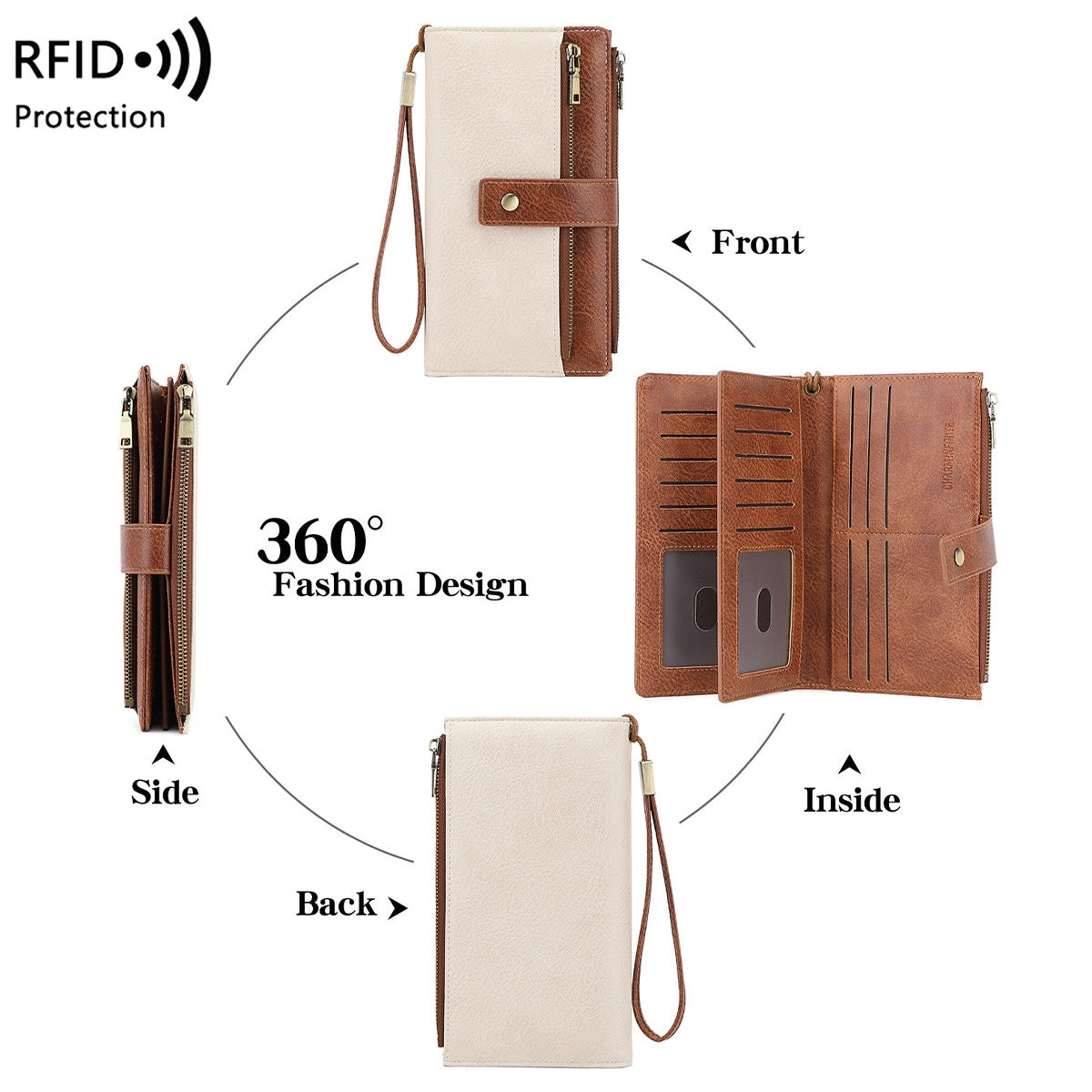 Women’s RFID Blocking Long Trifold Leather Wallet with Wristlet