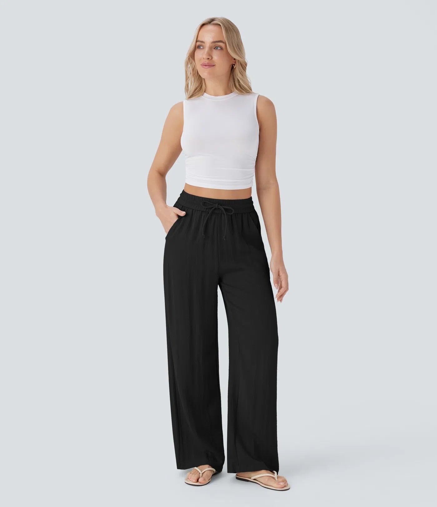 High Waisted Wide Leg Linen-Feel Drawstring Pants with Pockets