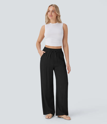 High Waisted Wide Leg Linen-Feel Drawstring Pants with Pockets