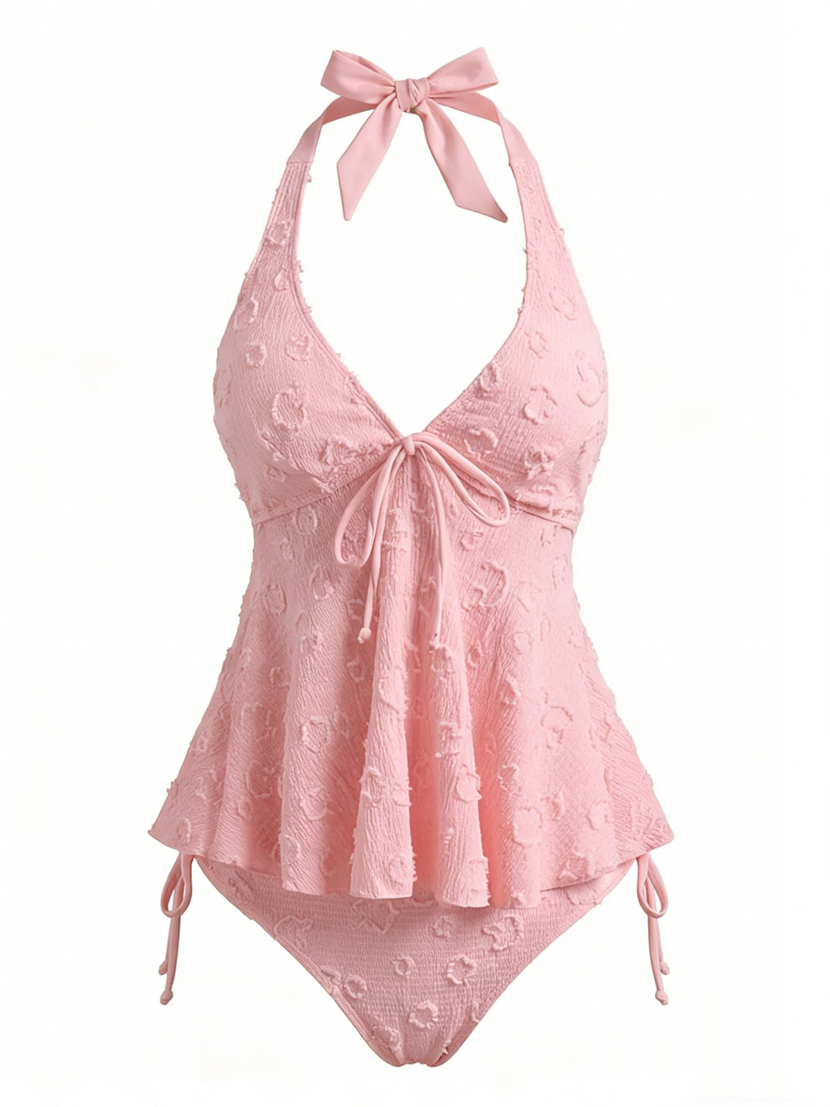Textured Floral Halter Deep V Tankini Set