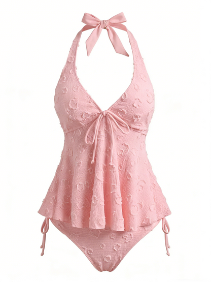 Textured Floral Halter Deep V Tankini Set