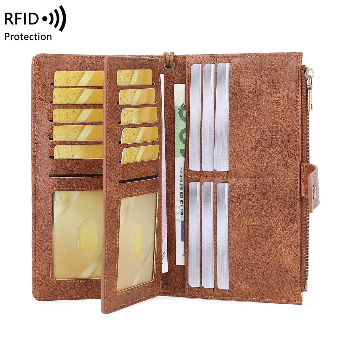Women’s RFID Blocking Long Trifold Leather Wallet with Wristlet