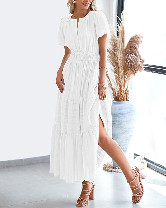 V Neck Elastic Waist Boho Beach Dress Pockets
