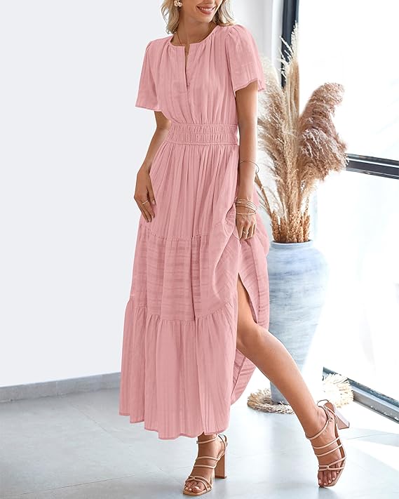 V Neck Elastic Waist Boho Beach Dress Pockets