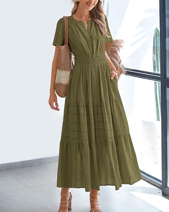 V Neck Elastic Waist Boho Beach Dress Pockets