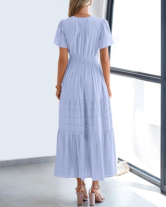 V Neck Elastic Waist Boho Beach Dress Pockets
