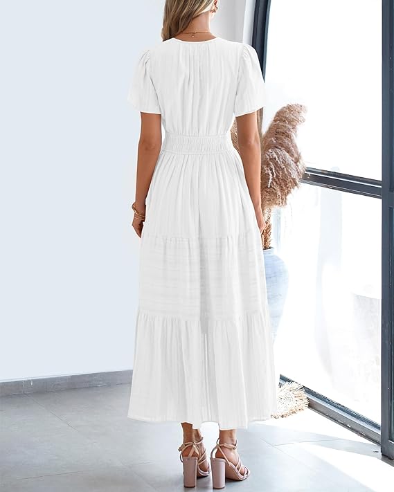 V Neck Elastic Waist Boho Beach Dress Pockets