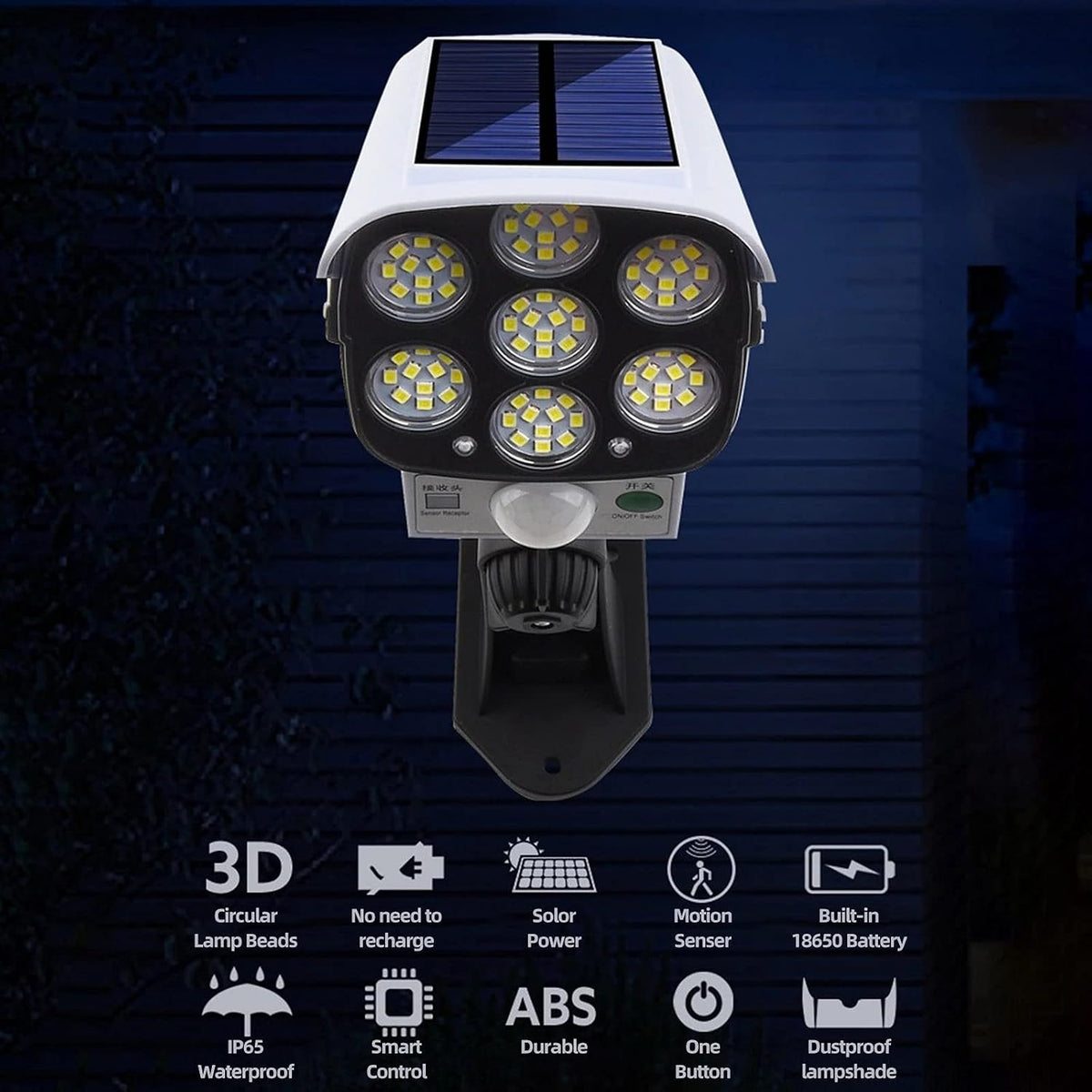 Solar Motion Sensor Security Light – 2000 Lumens, 77 LEDs, IP66, Fake Camera Decoy