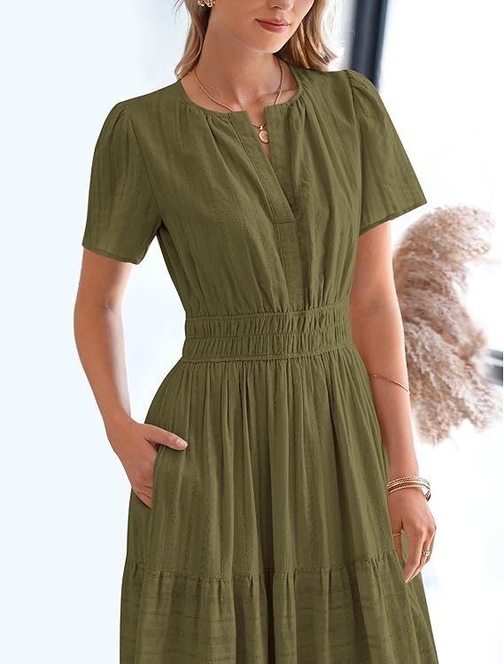 V Neck Elastic Waist Boho Beach Dress Pockets
