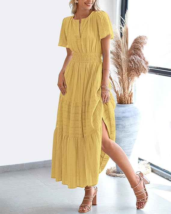 V Neck Elastic Waist Boho Beach Dress Pockets
