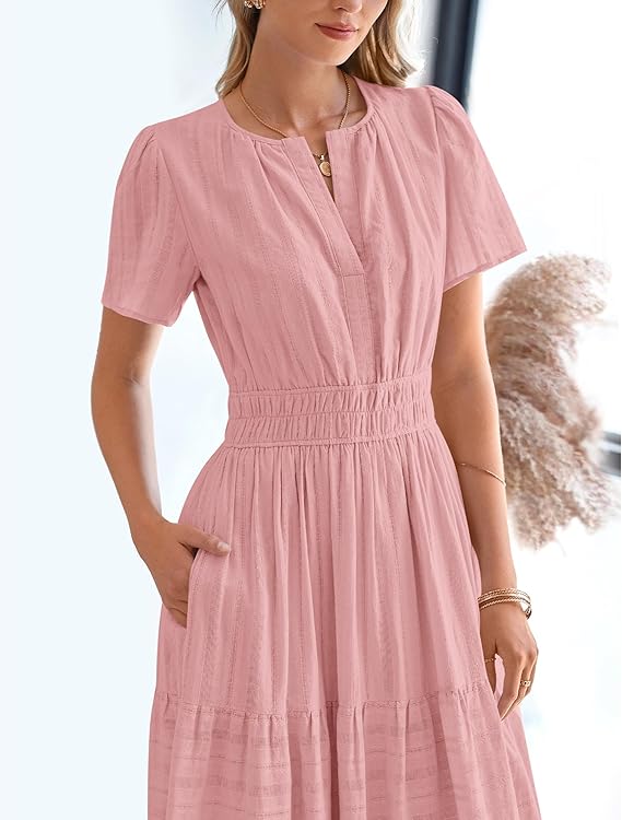 V Neck Elastic Waist Boho Beach Dress Pockets