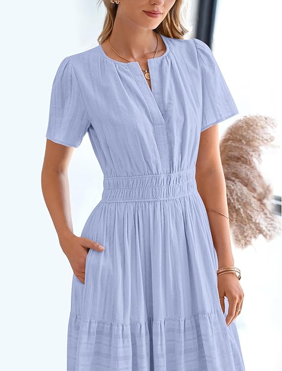 V Neck Elastic Waist Boho Beach Dress Pockets