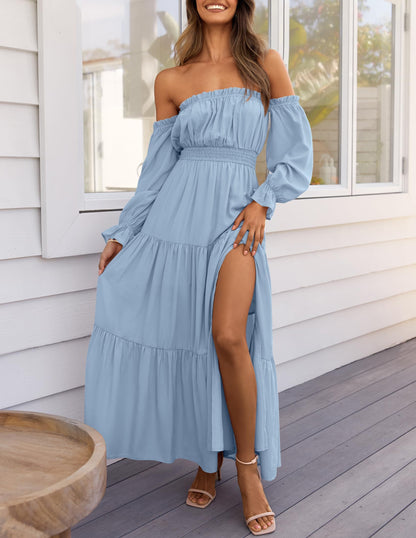 Boho Off Shoulder Split Maxi Dress