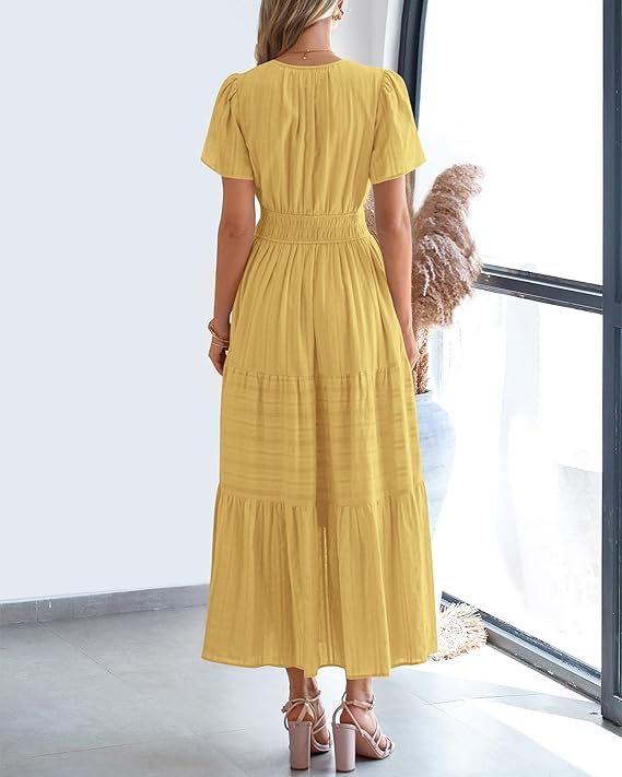 V Neck Elastic Waist Boho Beach Dress Pockets