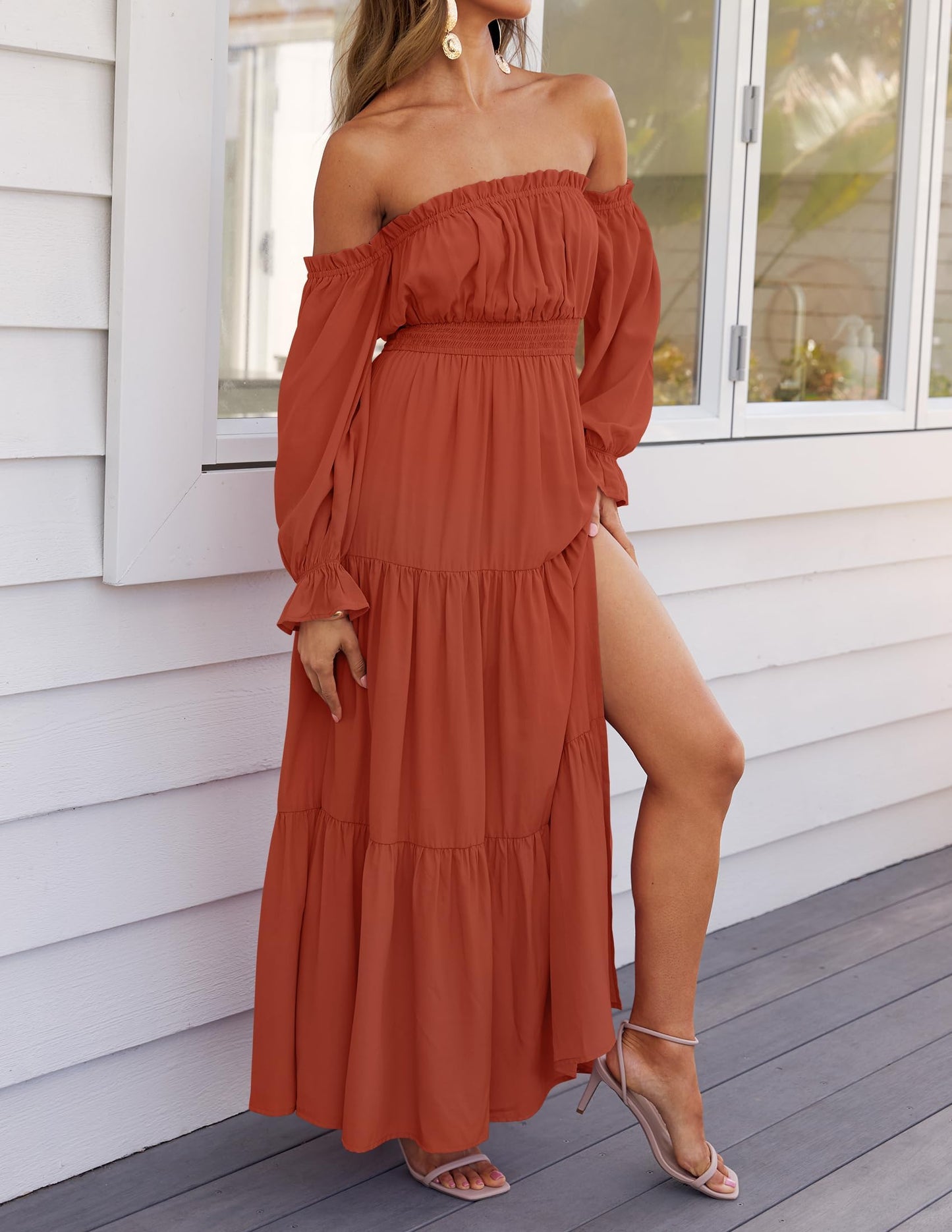 Boho Off Shoulder Split Maxi Dress