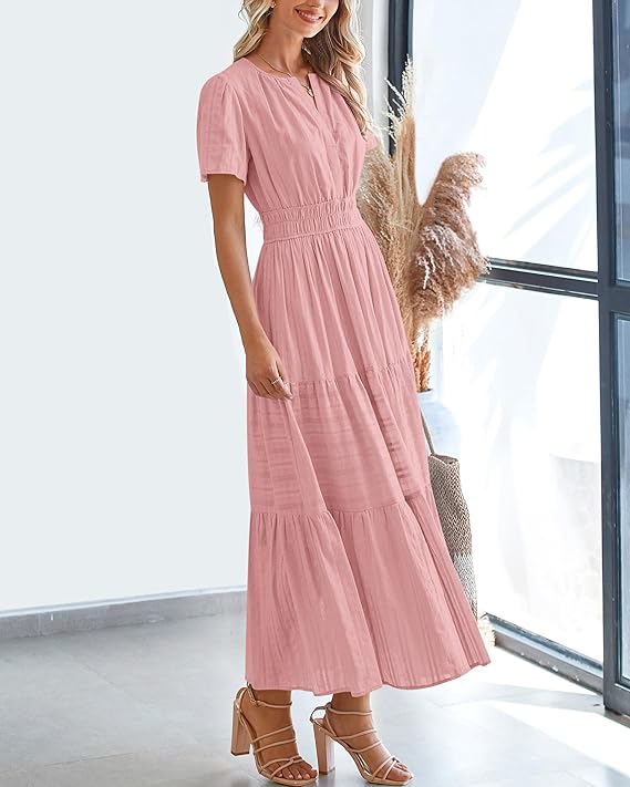 V Neck Elastic Waist Boho Beach Dress Pockets