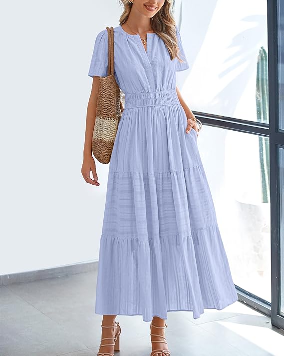V Neck Elastic Waist Boho Beach Dress Pockets