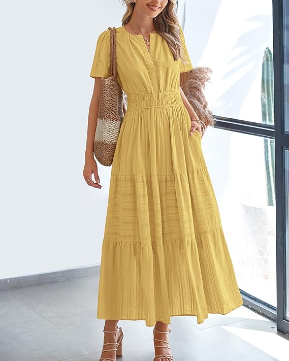 V Neck Elastic Waist Boho Beach Dress Pockets