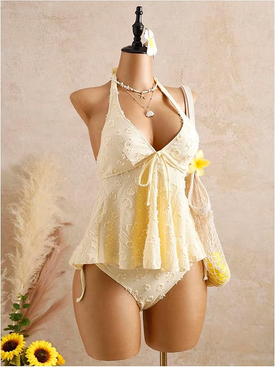 Textured Floral Halter Deep V Tankini Set