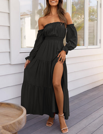 Boho Off Shoulder Split Maxi Dress