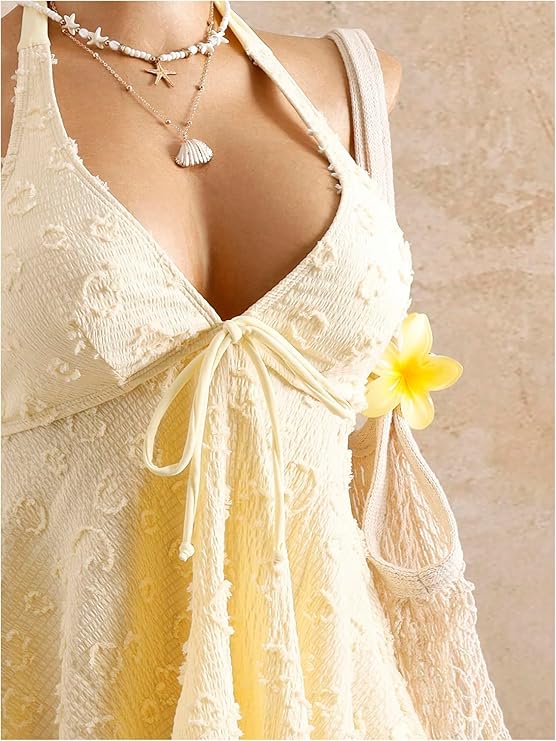 Textured Floral Halter Deep V Tankini Set