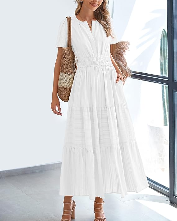 V Neck Elastic Waist Boho Beach Dress Pockets
