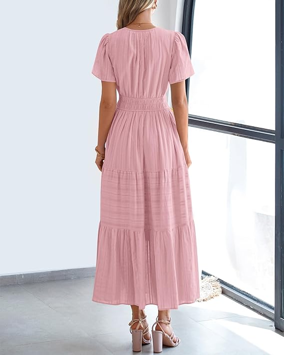 V Neck Elastic Waist Boho Beach Dress Pockets