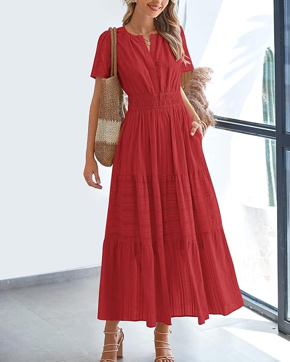 V Neck Elastic Waist Boho Beach Dress Pockets