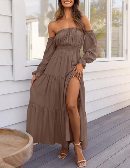 Boho Off Shoulder Split Maxi Dress