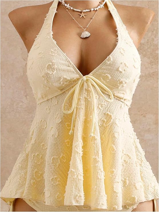 Textured Floral Halter Deep V Tankini Set