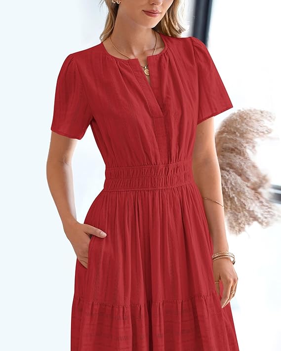 V Neck Elastic Waist Boho Beach Dress Pockets