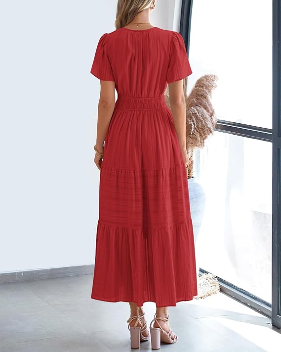 V Neck Elastic Waist Boho Beach Dress Pockets