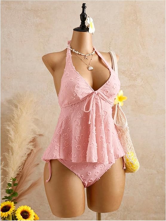 Textured Floral Halter Deep V Tankini Set
