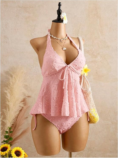 Textured Floral Halter Deep V Tankini Set