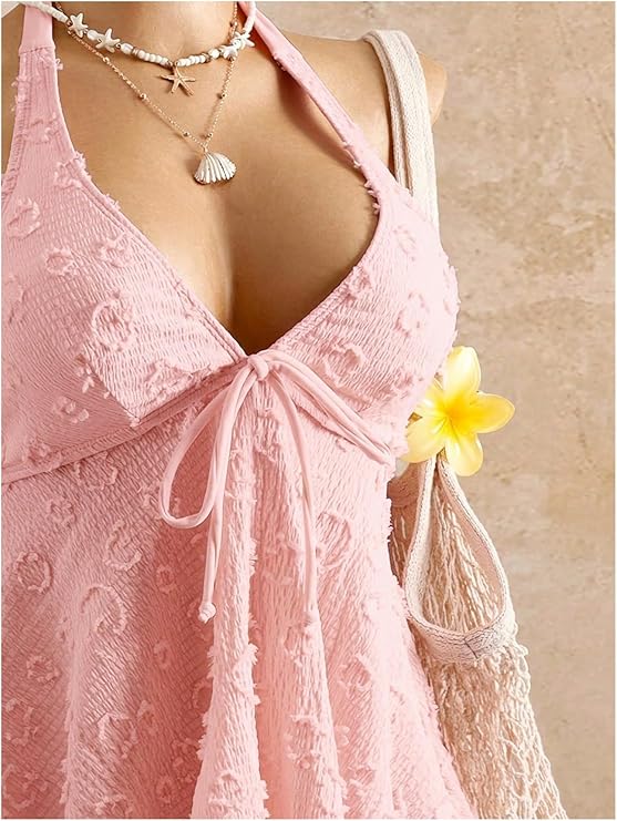 Textured Floral Halter Deep V Tankini Set
