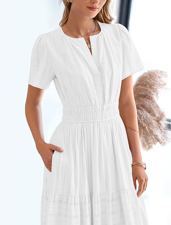 V Neck Elastic Waist Boho Beach Dress Pockets